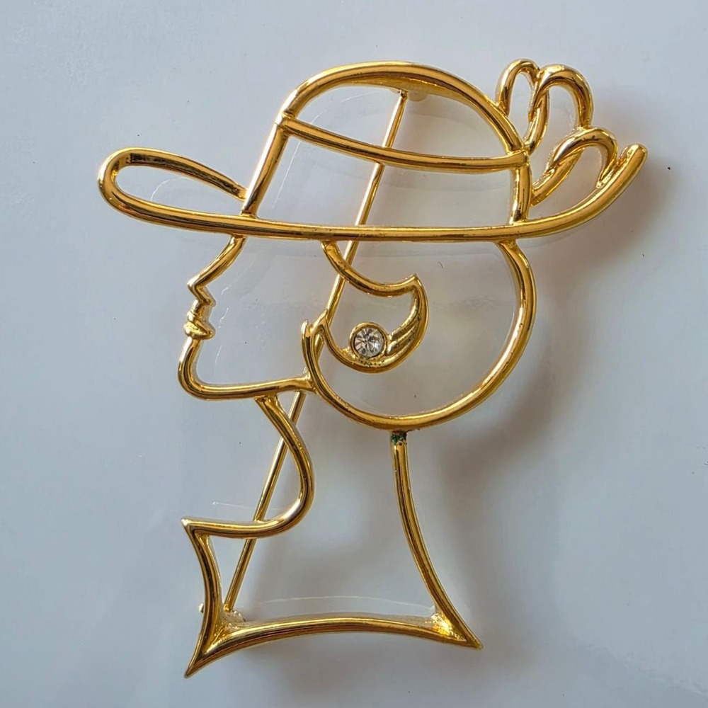 Vintage Lady Head Brooch Gold Tone Woman Hat Rhinestone Face Lapel Pin